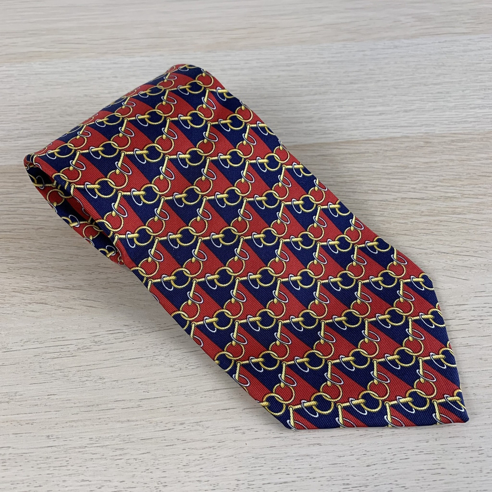 Paolo Gucci Red Blue Chain Horsebit Men's 100% Silk Tie Print Quiet Luxury Italy